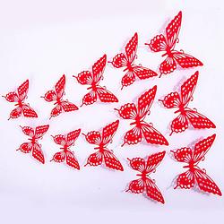 Foto van Cake topper decoratie vlinders en muur decoratie met plakkers 12 stuks rood - 3d vlinders - vl-04
