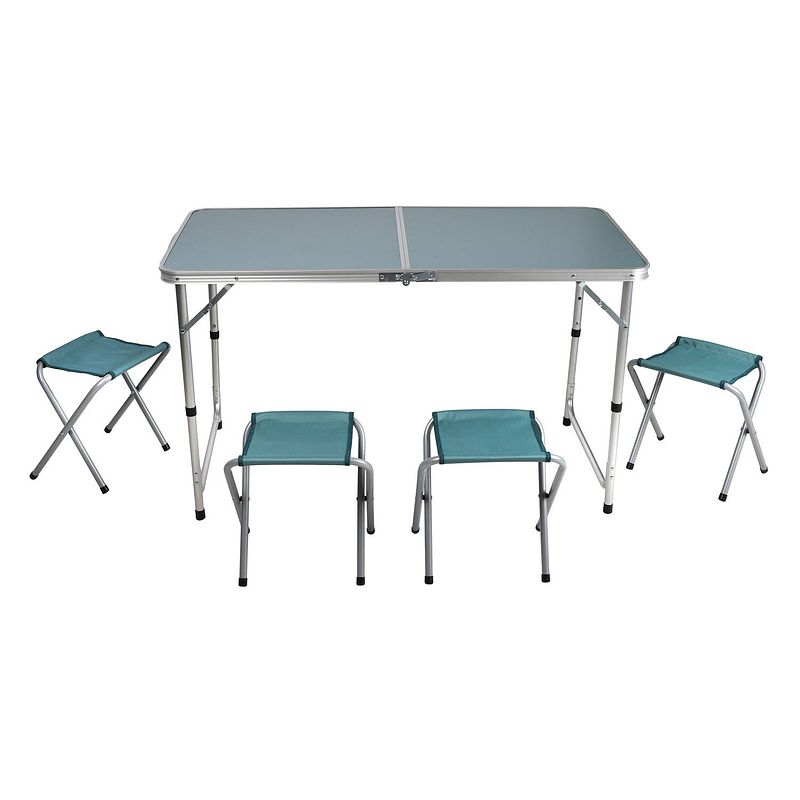 Foto van Sunnydays camping tafel/krukjes - opvouwbaar - blauw - l120 x b60 x h67 cm - bijzettafels - campingtafels