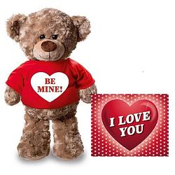 Foto van Valentijnskaart en knuffelbeer 24 cm be mine rood shirt - knuffelberen