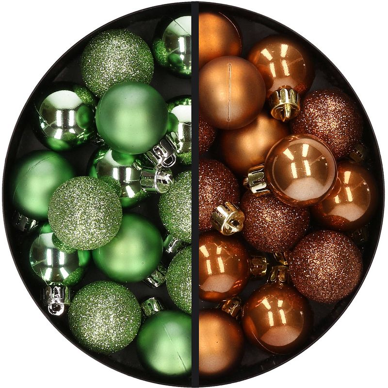 Foto van 28x stuks kleine kunststof kerstballen groen en bruin 3 cm - kerstbal