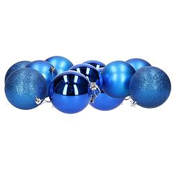 Foto van 12x stuks kerstballen blauw mix van mat/glans/glitter kunststof 8 cm - kerstbal