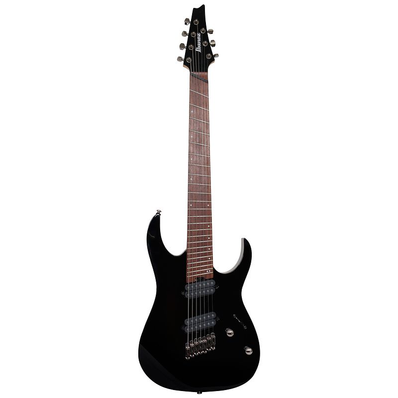 Foto van Ibanez rgms7 black multi scale 7-snarige elektrische gitaar