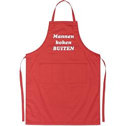 Foto van Mannen koken buiten! - luxe schort keukenschort met tekst - rood