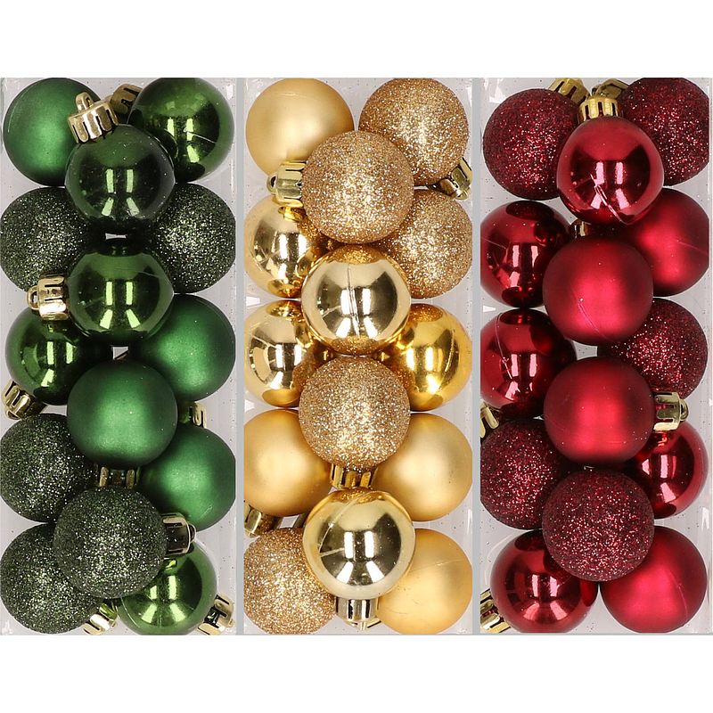 Foto van 42x stuks kleine kunststof kerstballen goud, bordeaux rood en dennengroen 3 cm - kerstbal