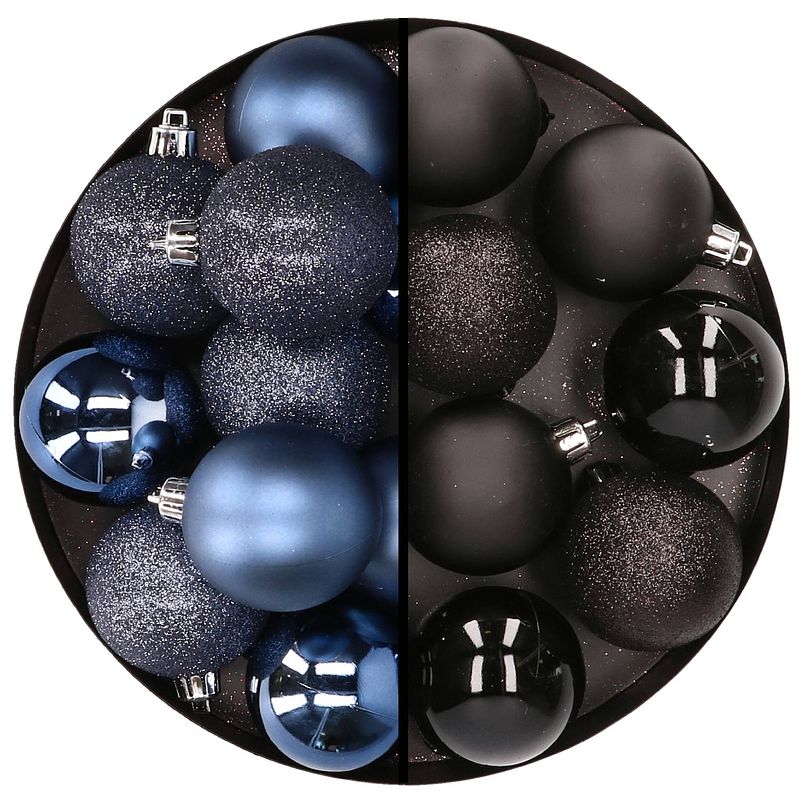 Foto van 24x stuks kunststof kerstballen mix van donkerblauw en zwart 6 cm - kerstbal