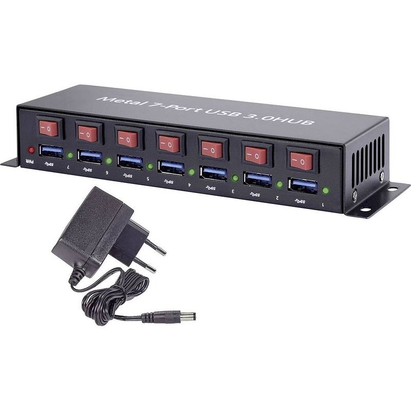 Foto van Renkforce renkforce 7 poorten usb 3.2 gen 1-hub met metalen behuizing, individueel schakelbaar, voor wandmontage zwart