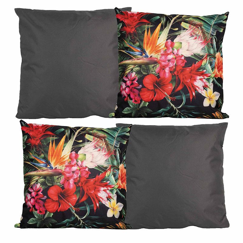 Foto van Bank/tuin kussens set - voor binnen/buiten - 4x stuks - antraciet/tropical print - 45 x 45 cm - sierkussens