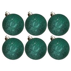 Foto van 6x stuks kunststof glitter kerstballen donkergroen 6 cm - kerstbal