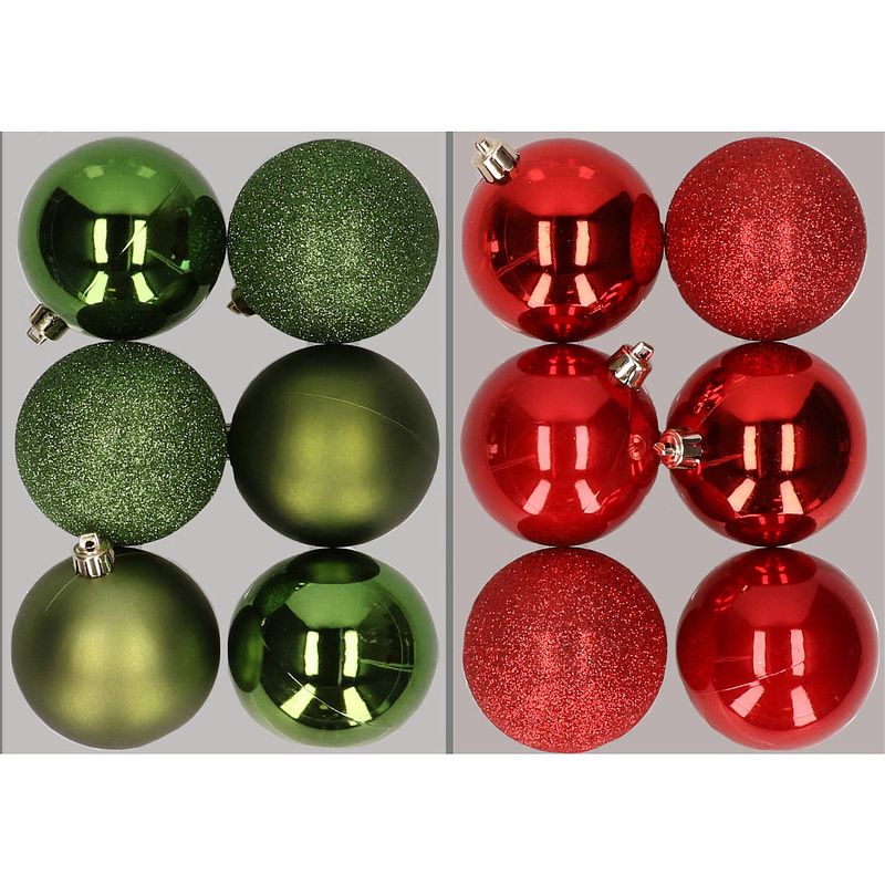 Foto van 12x stuks kunststof kerstballen mix van appelgroen en rood 8 cm - kerstbal