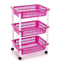 Foto van Opberg trolley/roltafel/organizer met 3 manden 40 x 30 x 61,5 cm wit/roze - opberg trolley
