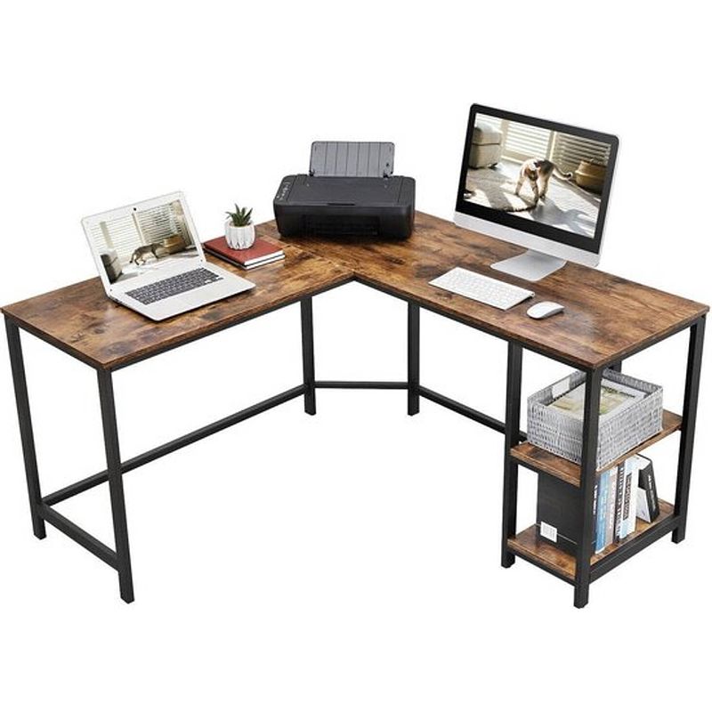 Foto van Soph & tess l-vormig hoekbureau met legplanken en 2 tafelbladen - vintage bureau - zwart/bruin