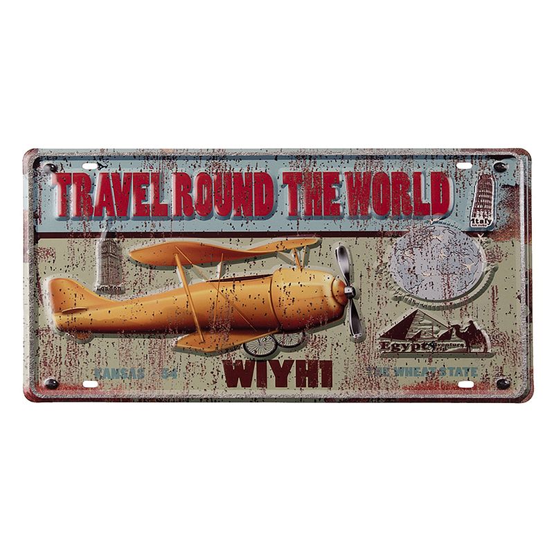 Foto van Clayre & eef tekstbord 42x1x22 cm geel rood ijzer vliegtuig travelround the world wandbord spreuk wandplaat geel