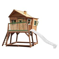 Foto van Axi max speelhuis op palen, zandbak & witte glijbaan speelhuisje voor de tuin / buiten in bruin & groen van fsc hout