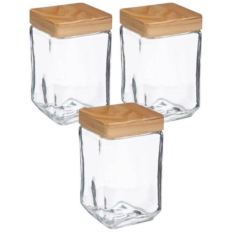 Foto van 3x stuks voorraadbussen/voorraadpotten 1,25l glas met houten deksel - voorraadpot