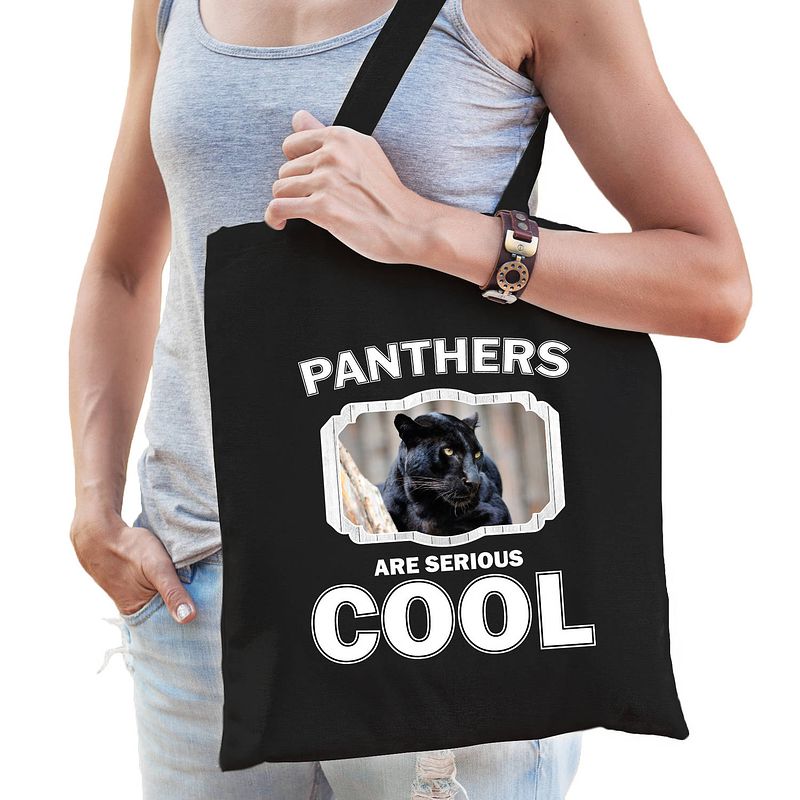 Foto van Katoenen tasje panthers are serious cool zwart - panters/ zwarte panter cadeau tas - feest boodschappentassen