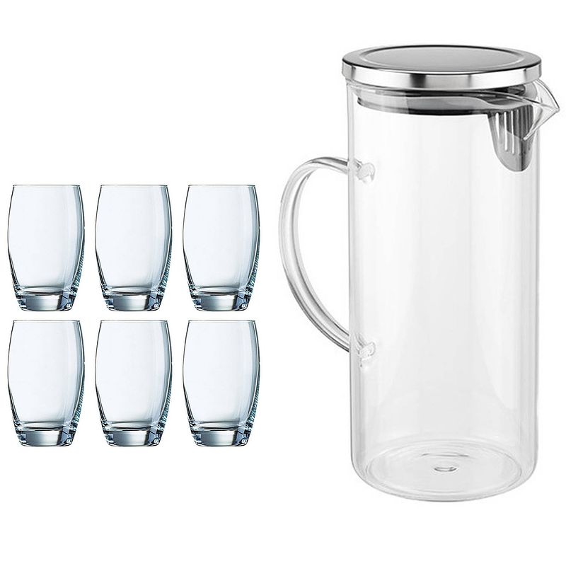 Foto van Waterglazen salto set van 6x stuks 350 ml en luxe schenkkan 1.3 liter - drinkglazen