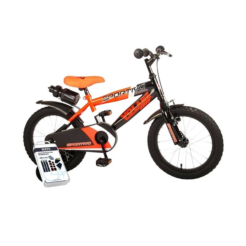 Foto van Volare kinderfiets sportivo - 16 inch - oranje/zwart - inclusief ways bandenplakset