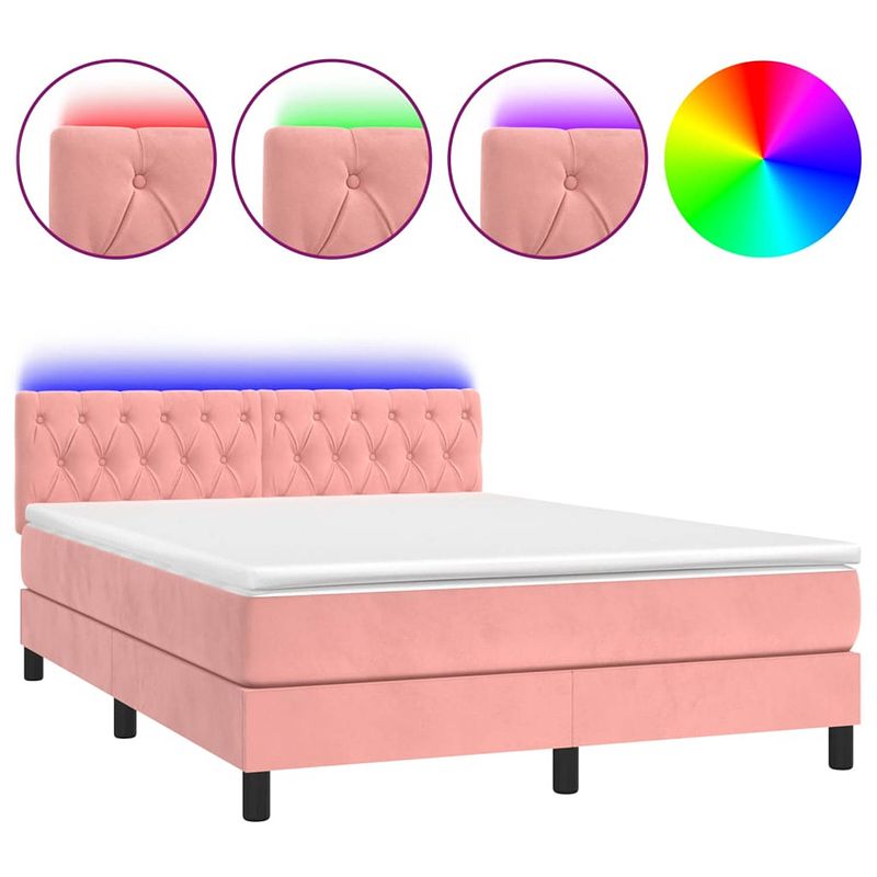 Foto van The living store bed - fluweel - led - pocketvering - topmatras - roze - 203x144x78/88cm