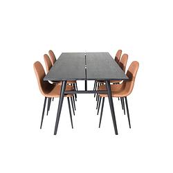 Foto van Sleek eethoek eetkamertafel uitschuifbare tafel lengte cm 195 / 280 zwart en 6 polar eetkamerstal pu kunstleer bruin.