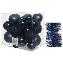 Foto van Kerstversiering kunststof kerstballen 6-8-10 cm met folieslingers pakket donkerblauw van 28x stuks - kerstbal