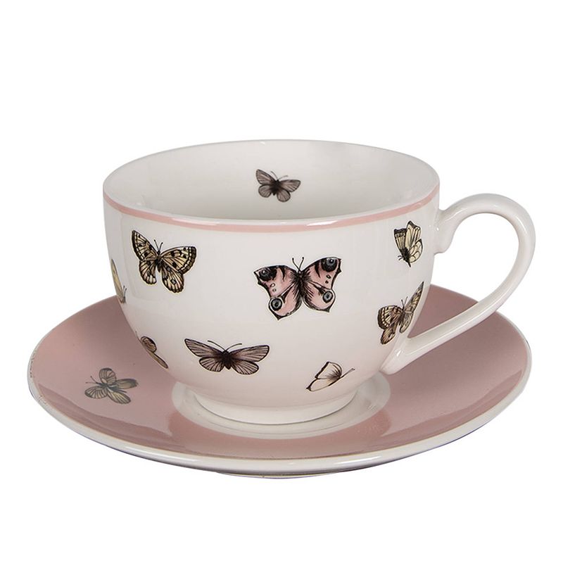 Foto van Clayre & eef kop en schotel 200 ml wit roze porselein vlinders servies wit servies