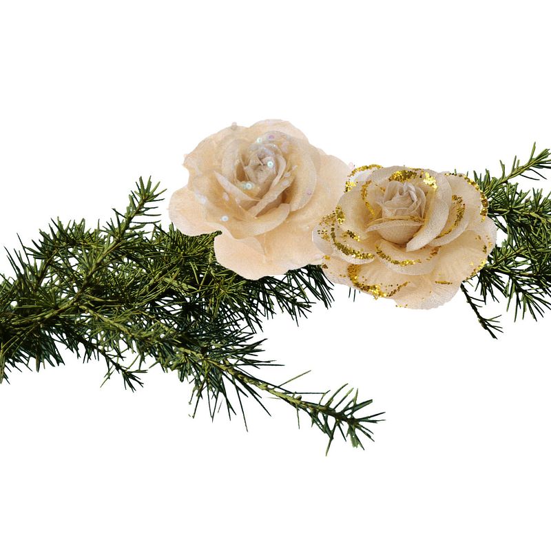 Foto van 2x stuks kerstboom decoratie bloemen rozen goud op clip 9 cm - kersthangers