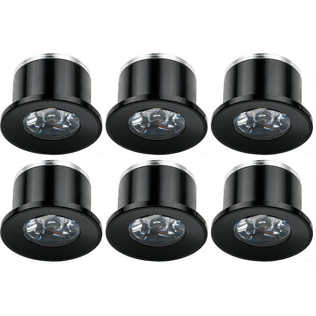 Foto van Led veranda spot verlichting 6 pack - 1w - warm wit 3000k - inbouw - dimbaar - rond - mat zwart - aluminium - ø31mm