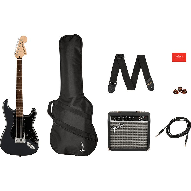 Foto van Squier affinity series stratocaster hss pack il charcoal frost metallic starterset elektrische gitaar