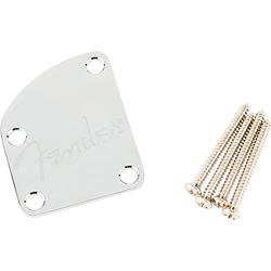 Foto van Fender contoured heel neck plate chrome afgerond halsplaatje met fender spaghetti-logo