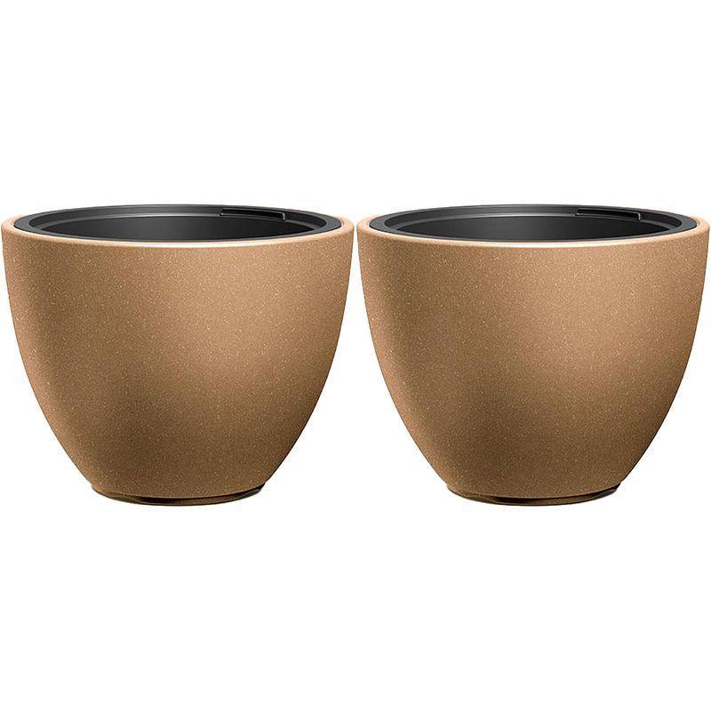 Foto van Prosperplast plantenpot/bloempot sevilla - 2x - buiten/binnen - kunststof - hout/beige - d39 x h30 cm - plantenpotten