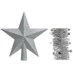 Foto van Kerstversiering kunststof glitter ster piek 19 cm en sterren slingers pakket zilver van 3x stuks - kerstboompieken