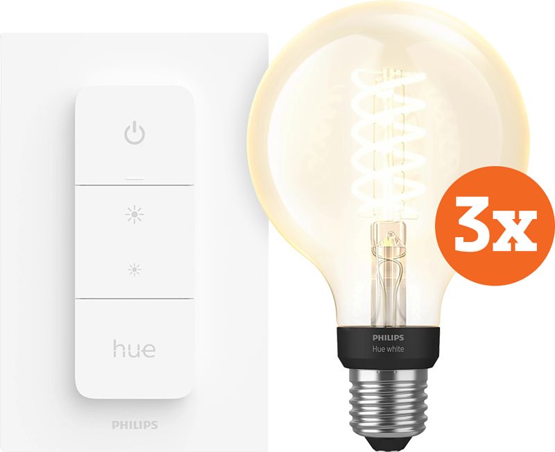 Foto van Philips hue filamentlamp white globe e27 3-pack + dimmer