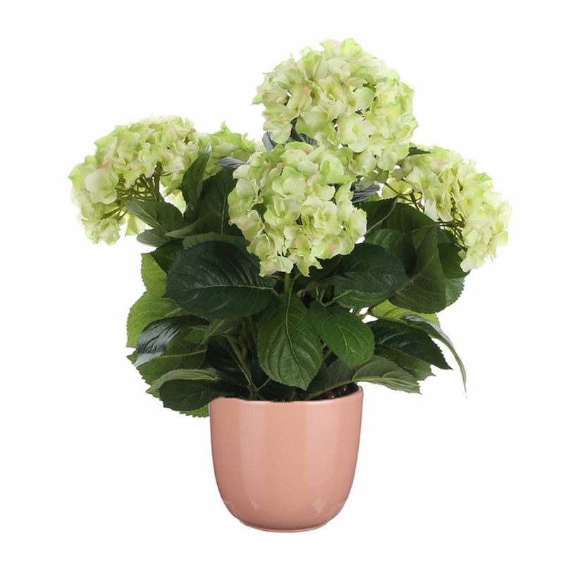 Foto van Hortensia kunstplant/kunstbloemen 45 cm - groen - in pot roze glans - kunstplanten