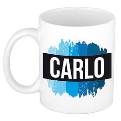 Foto van Naam cadeau mok / beker carlo met blauwe verfstrepen 300 ml - naam mokken