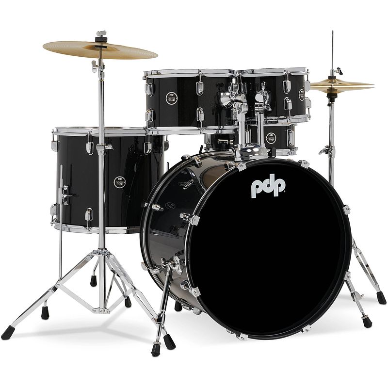 Foto van Pdp drums center stage rock iridescent black sparkle 5d. drumstel met bekkens en hardware