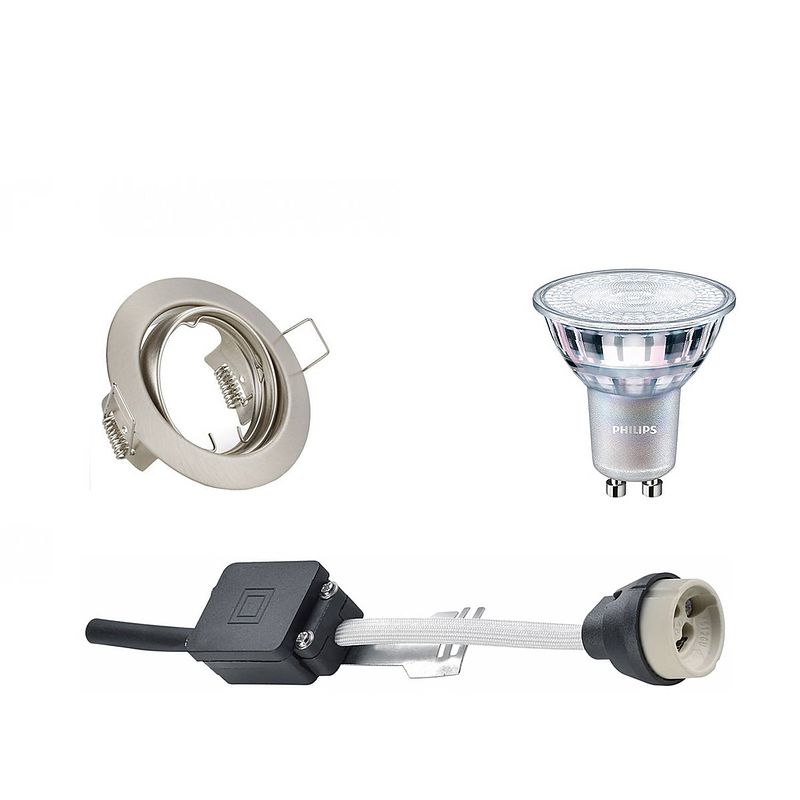 Foto van Led spot set - gu10 fitting - inbouw rond - mat nikkel - kantelbaar ø83mm - philips - master 927 36d vle - 4.9w - warm