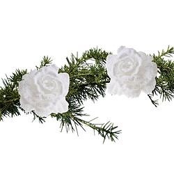 Foto van 2x stuks kerstboom bloemen op clip wit en besneeuwd 10 cm - kunstbloemen