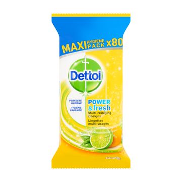 Foto van Dettol power & fresh multireiniging doekjes sprankelende citroen & limoen maxi pack 80 stuks bij jumbo