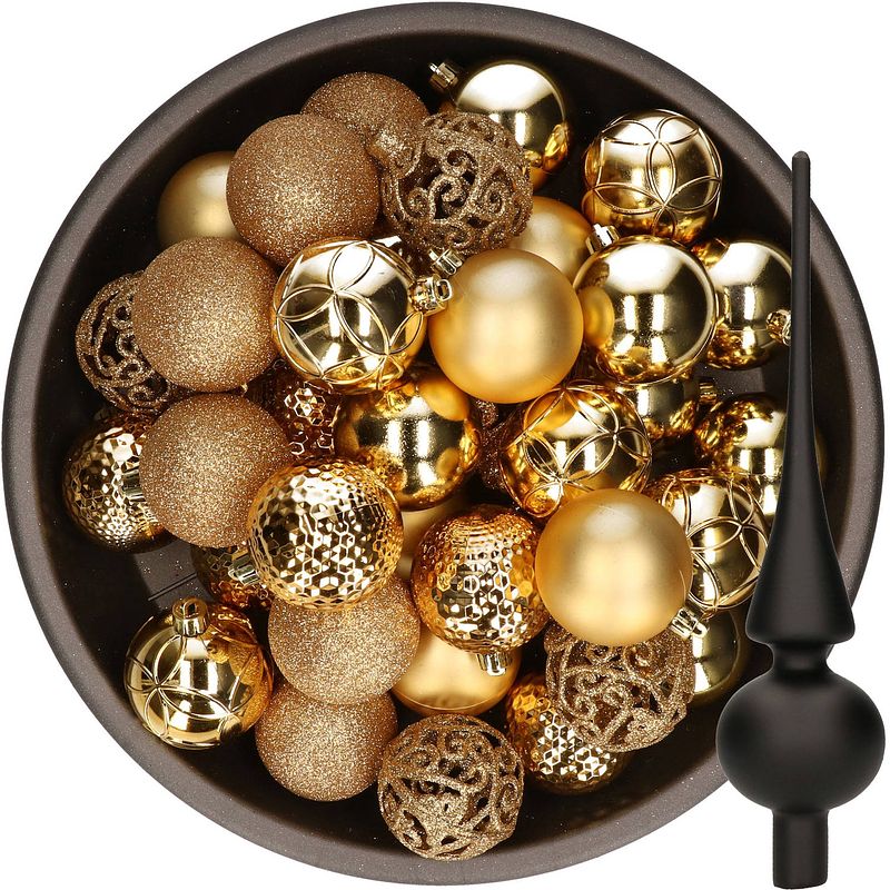 Foto van 37x stuks kunststof kerstballen 6 cm goud incl. glazen piek mat zwart - kerstbal