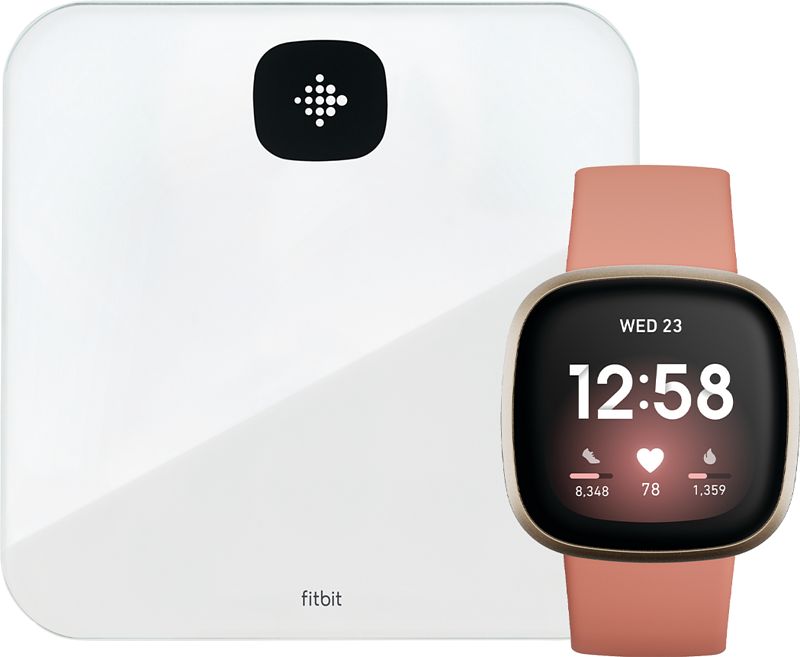 Foto van Fitbit versa 3 roze/goud + fitbit aria air wit