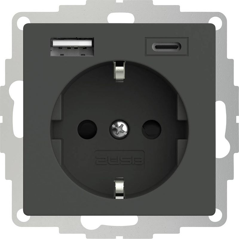 Foto van 2usb 2u-449542 geaard stopcontact met usb-laaduitgang, kinderbeveiliging, vde ip20 antraciet