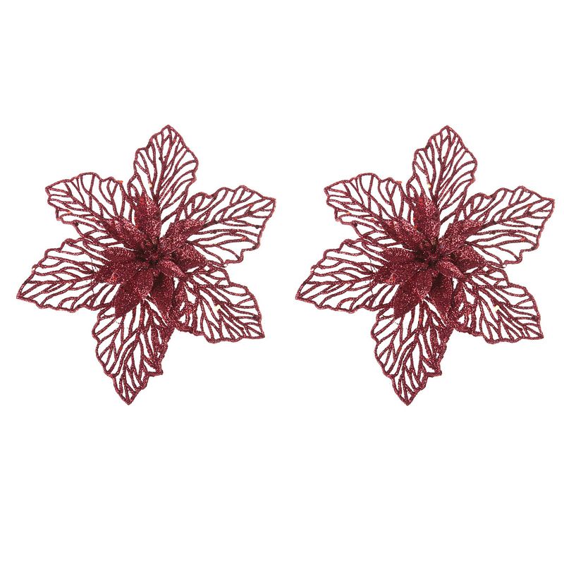 Foto van 2x stuks decoratie bloemen kerstster rood glitter op clip 17 cm - kersthangers