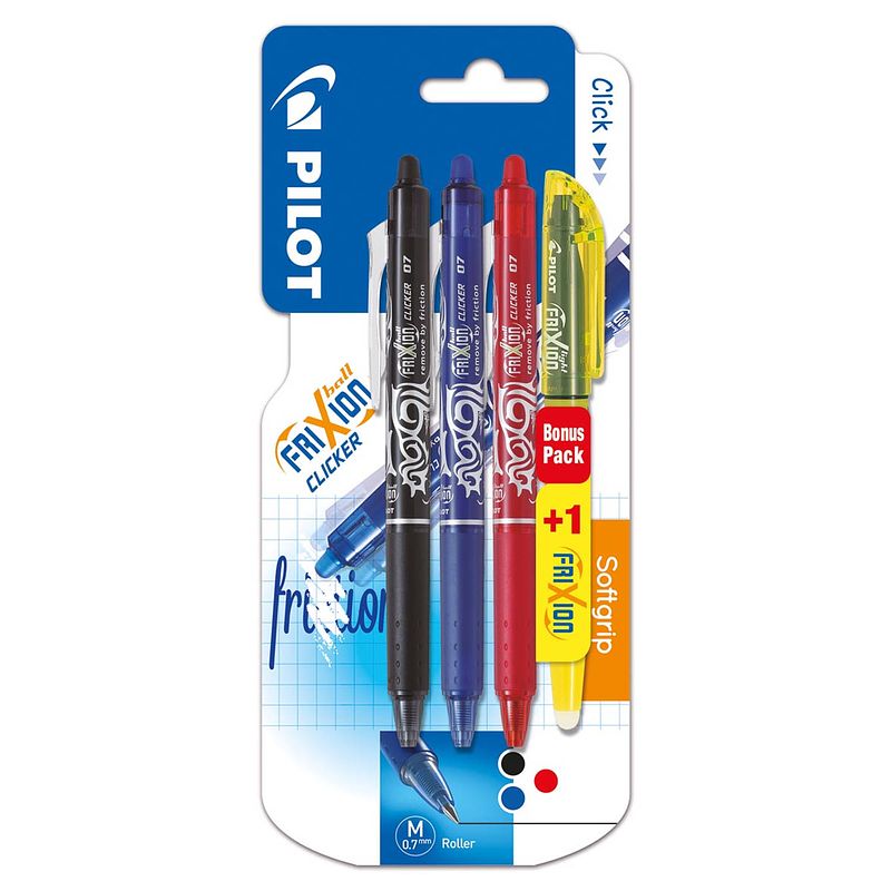 Foto van Pilot gelroller frixion ball clicker, blister van 4 stuks (3 gelrollers + 1 markeerstift)