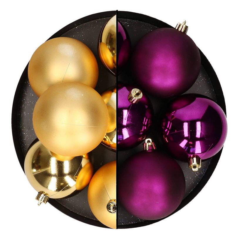 Foto van Decoris kerstballen - 12x st - 8 cm - goud en paars - kunststof - kerstbal