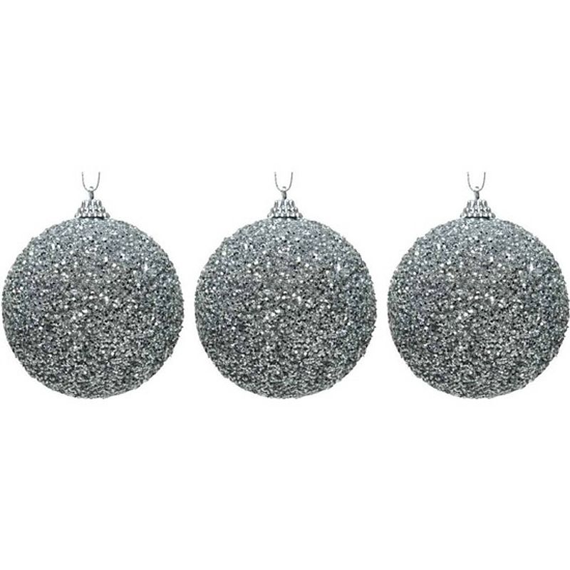 Foto van 3x kerstballen zilveren glitters 8 cm met kralen kunststof kerstboom versiering/decoratie - kerstbal