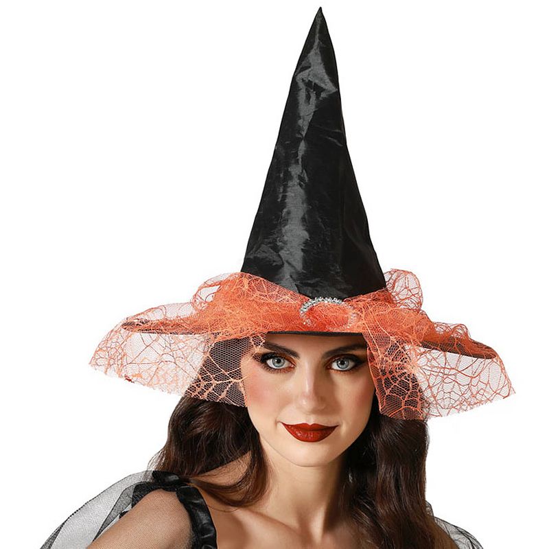 Foto van Halloween heksenhoed - met sluier  - one size - zwart/oranje - meisjes/dames - verkleedhoofddeksels