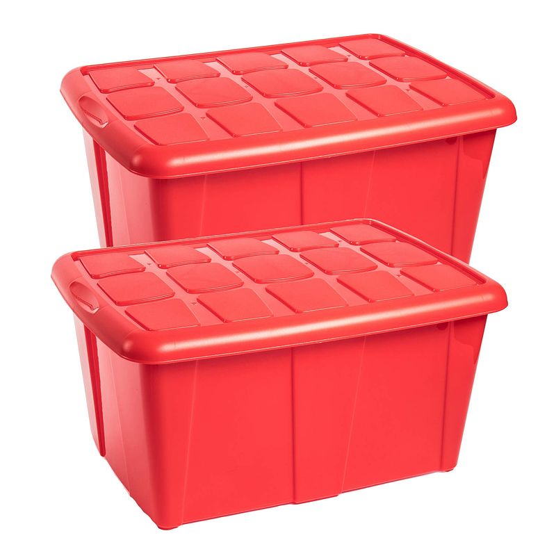 Foto van Plasticforte opslagbox met deksel - 2x - rood - 60l - kunststof - 63 x 46 x 32 cm - opbergbox