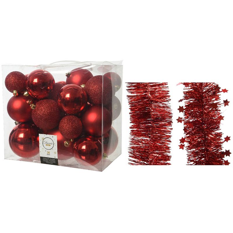 Foto van Kerstversiering kunststof kerstballen 6-8-10 cm met folieslingers pakket rood van 28x stuks - kerstbal