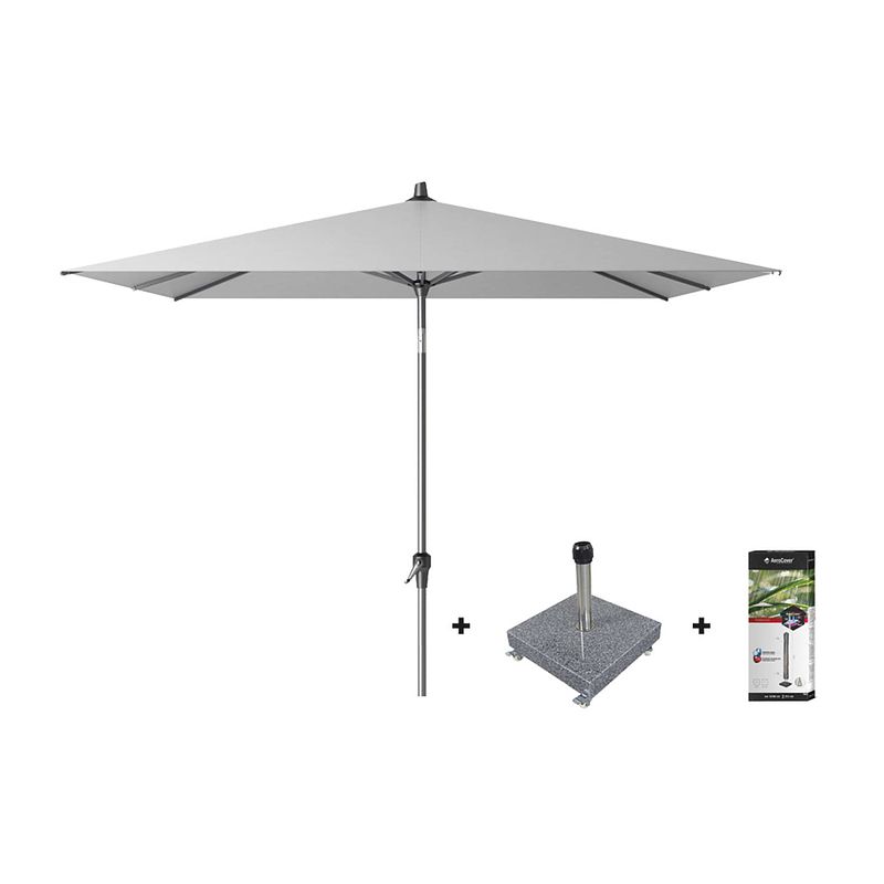 Foto van Platinum riva stokparasol 2.5x2.5 - light grey met voet en hoes