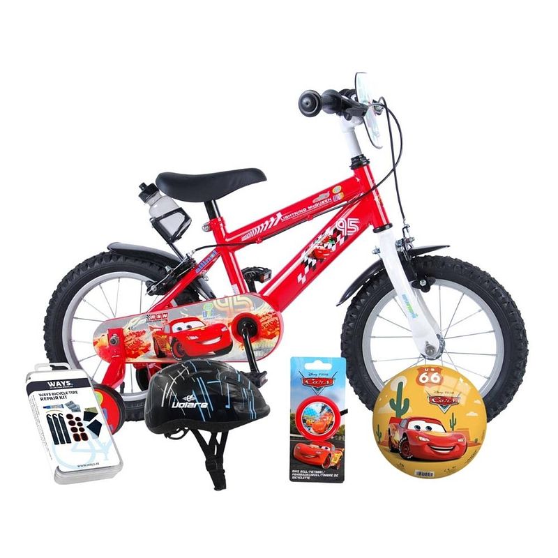 Foto van Volare kinderfiets disney cars - 14 inch - twee handremmen - met bidonhouder - inclusief fietshelm + accessoires